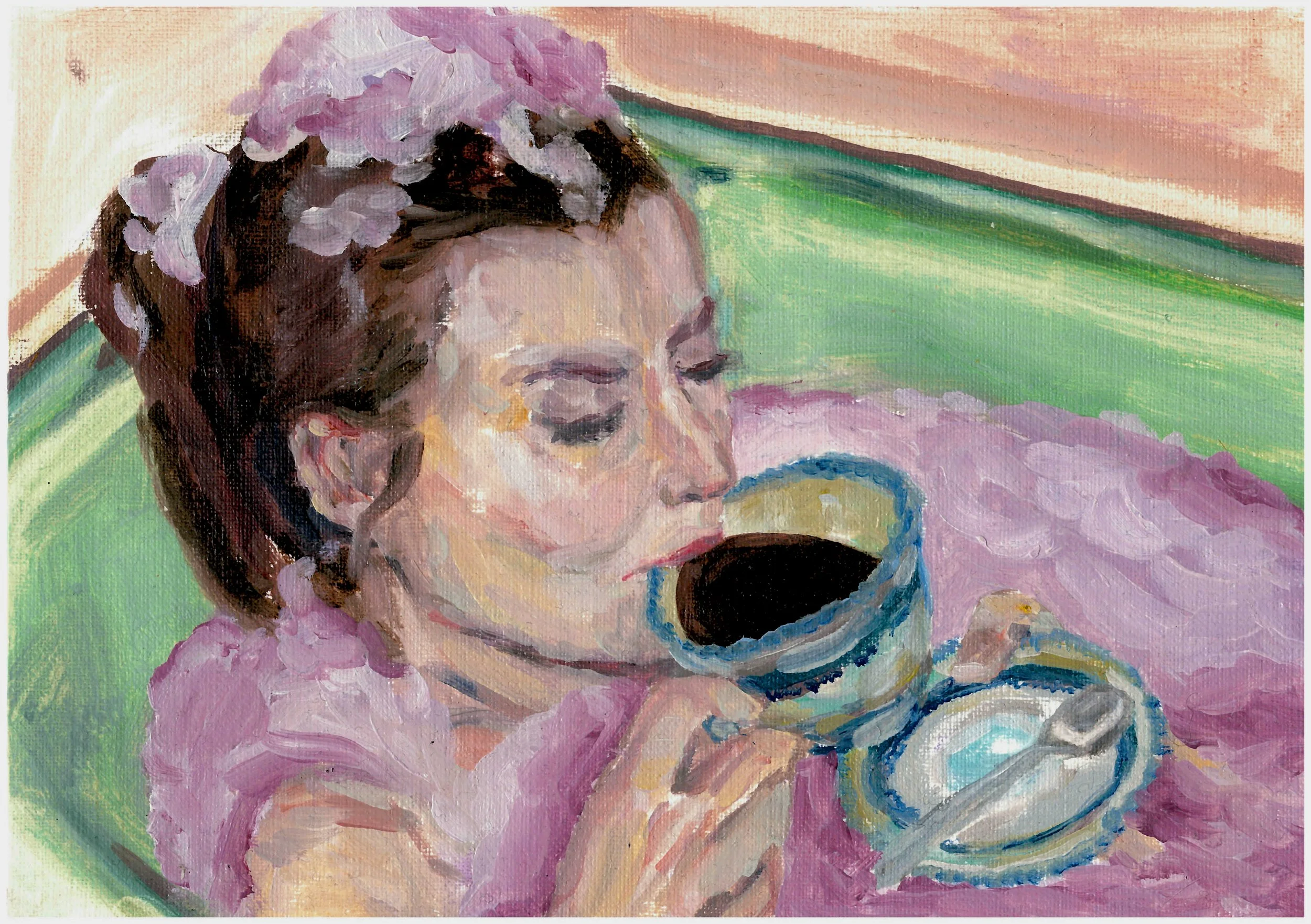 "WOMAN DRINKING COFFEE"
Oil on paper, March 2025

14.8×21 cm