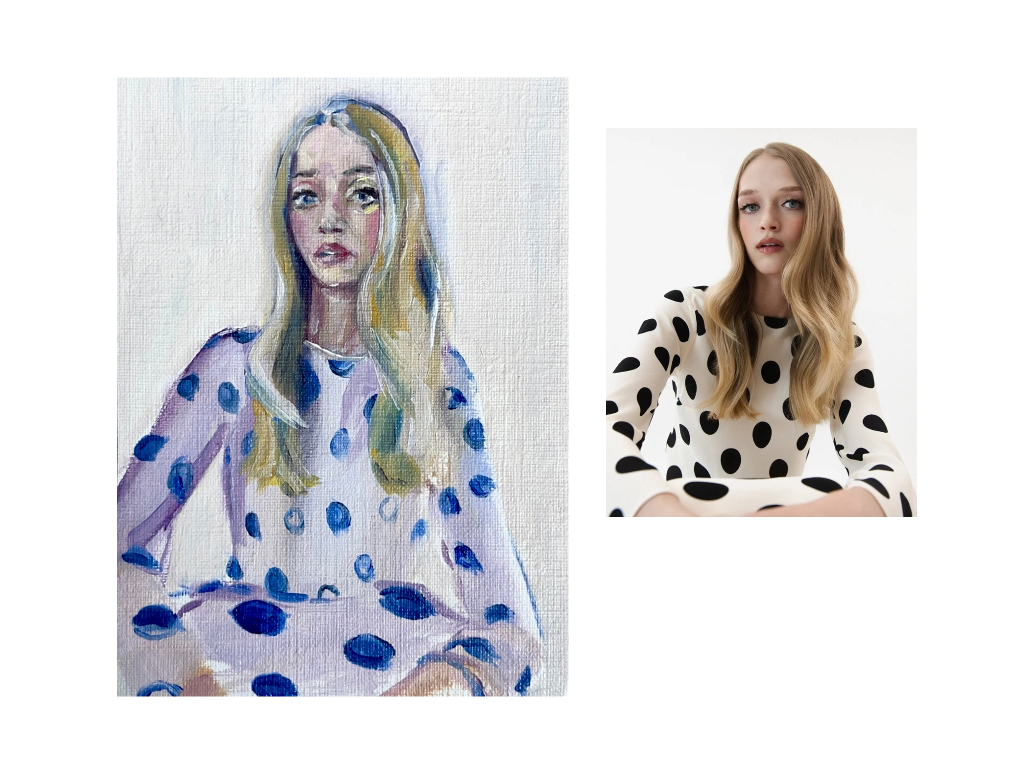 A watercolor portrait of a blonde woman with blue eyes wearing a purple dress with blue polka dots.