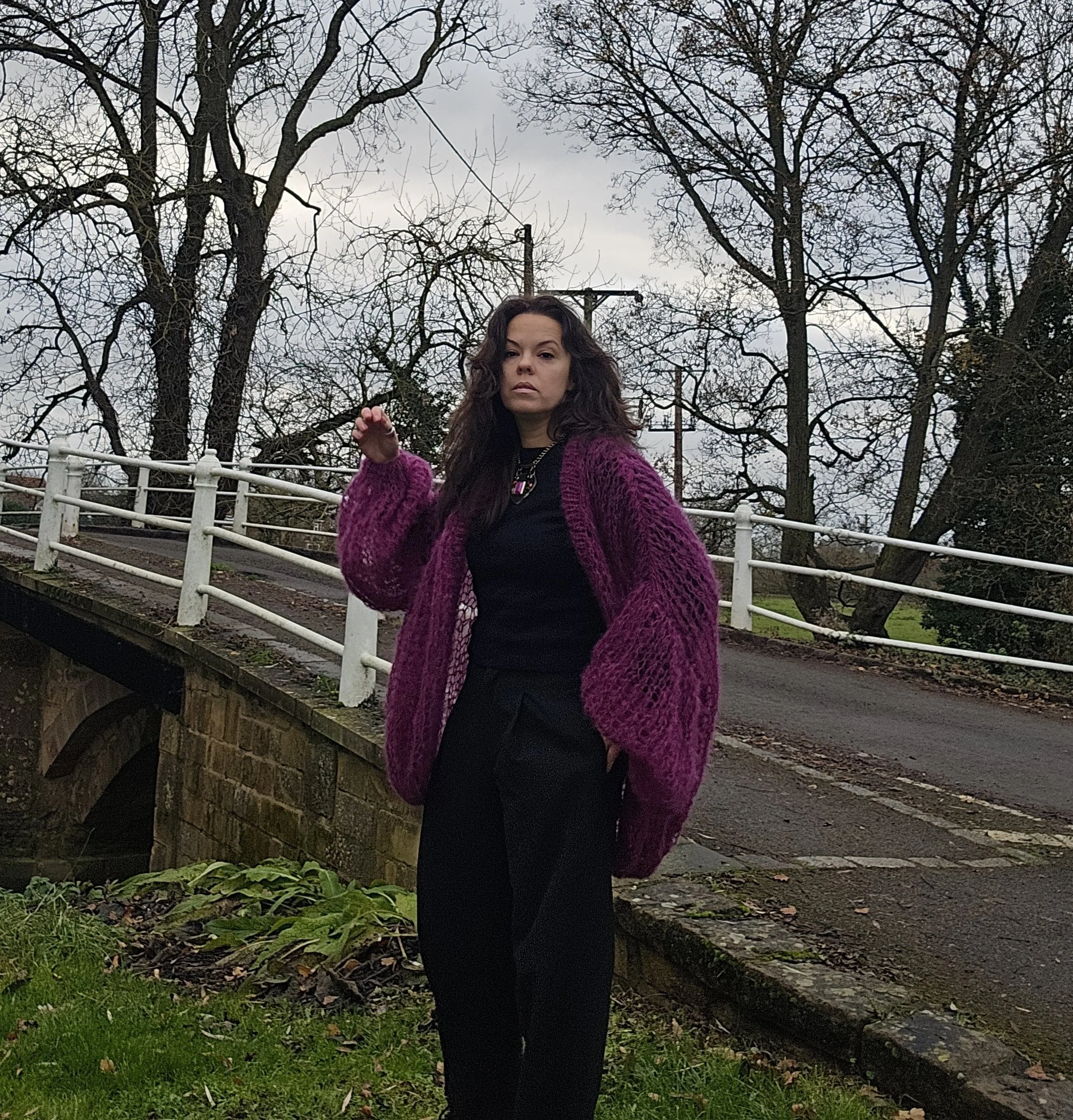 Long Plum Colour Mohair Blend Cardigan