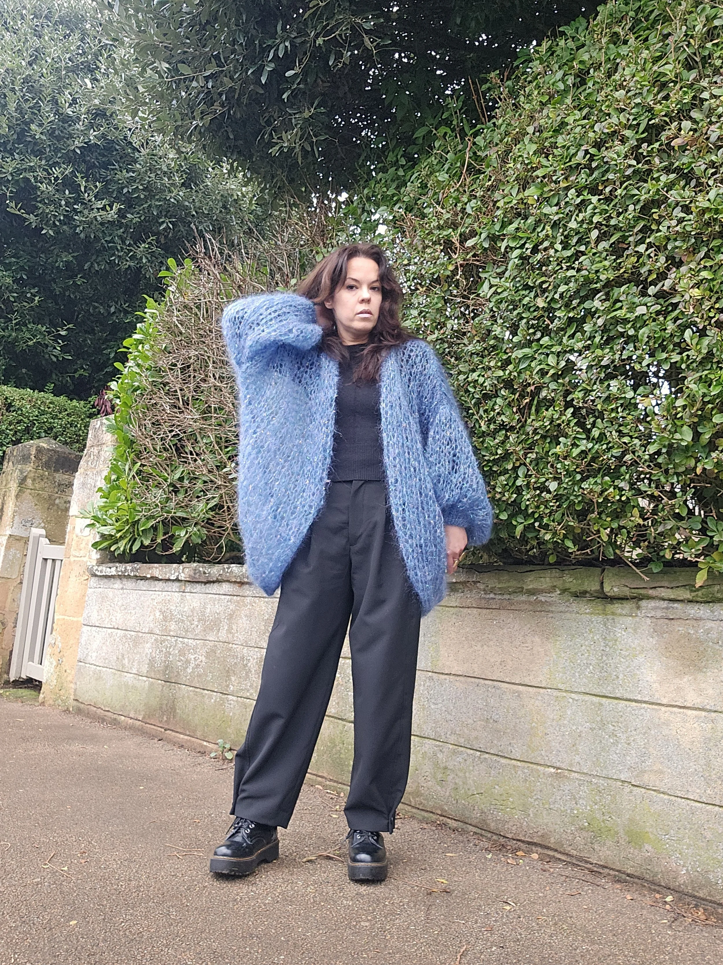 Long Blue Mohair Blend Cardigan with Metallic Thread