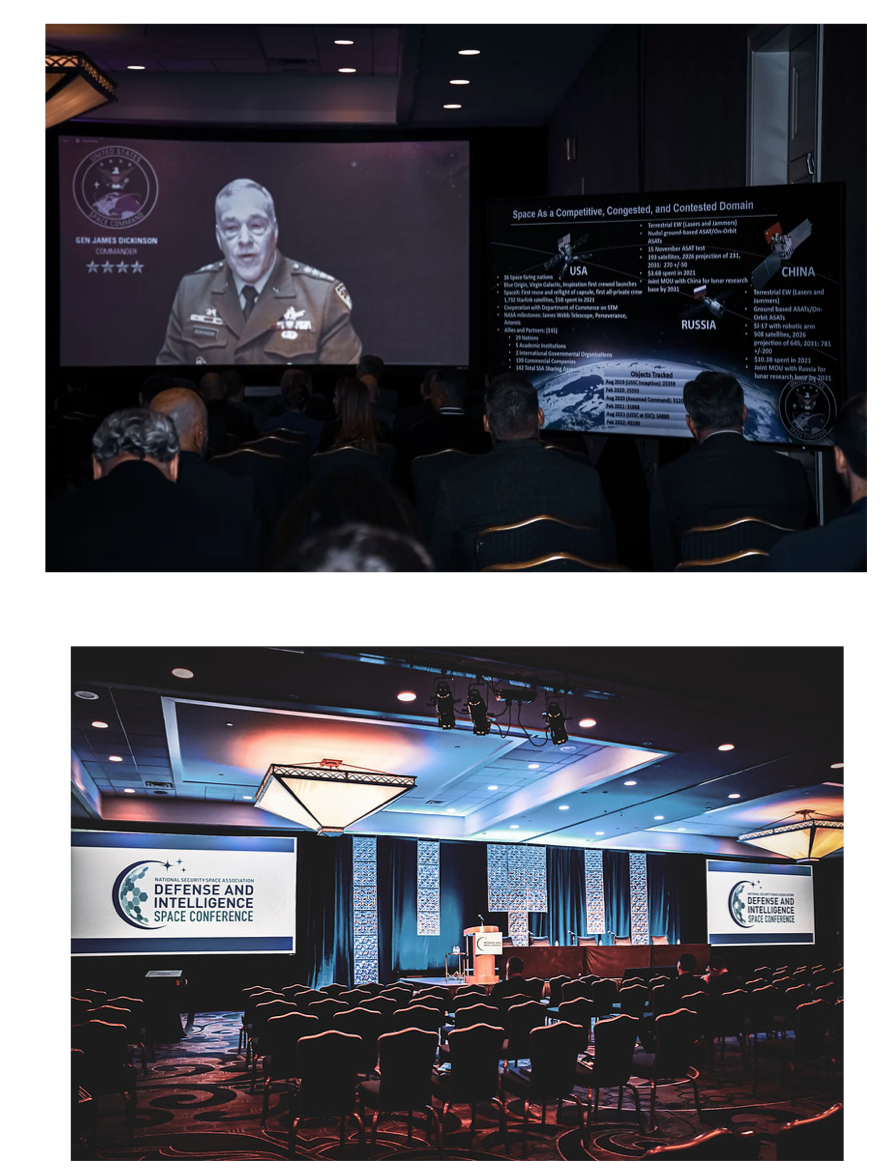 Two images of conference settings. The first shows a screen with a military officer giving a presentation, with a slide displaying information about space and countries such as the USA, China, and Russia. The second shows an empty auditorium with a stage set up for a conference titled 'Defense and Intelligence Space Conference,' with a large screen and chairs arranged for attendees.