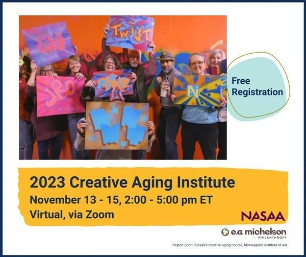 Group of diverse people holding colorful signs and posters, standing in front of an orange background, promoting the 2023 Creative Aging Institute event by NASA from November 13 to 15, 2:00 to 5:00 pm ET, held virtually via Zoom.