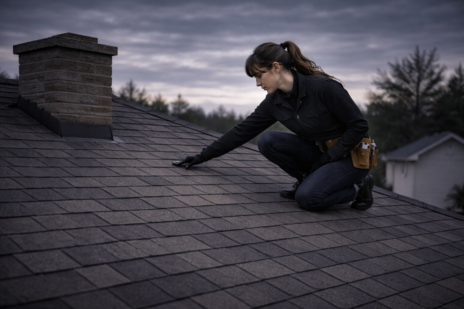 Femme inspectant le toit d'une maison au crépuscule, portant un gilet de travail et un sac à outil.