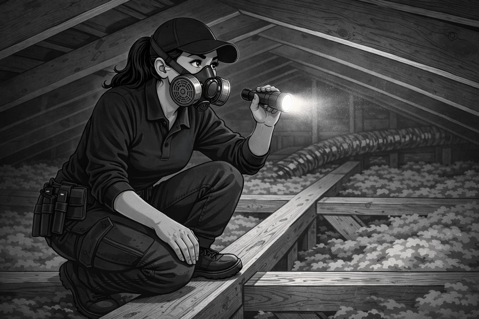 Une femme en tenue de travail utilisant une lampe de poche dans un espace isolé, probablement un grenier ou une attic, équipé d'une pipe de ventilation flexible et de matériaux en tas.