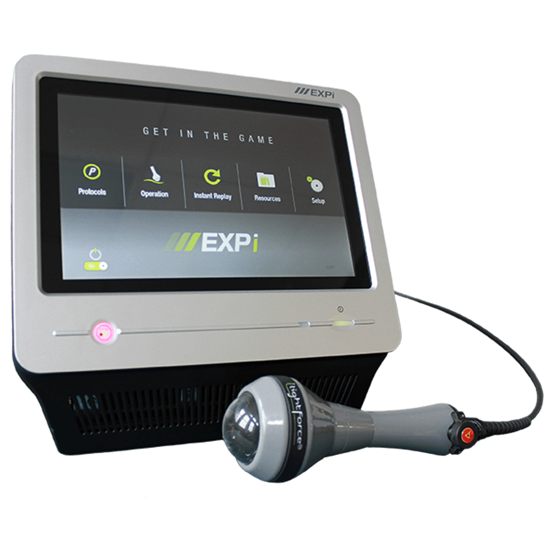 Medical light therapy device (LightForce® EXPi Deep Tissue Therapy Laser) with a touchscreen interface and a connected laser probe.