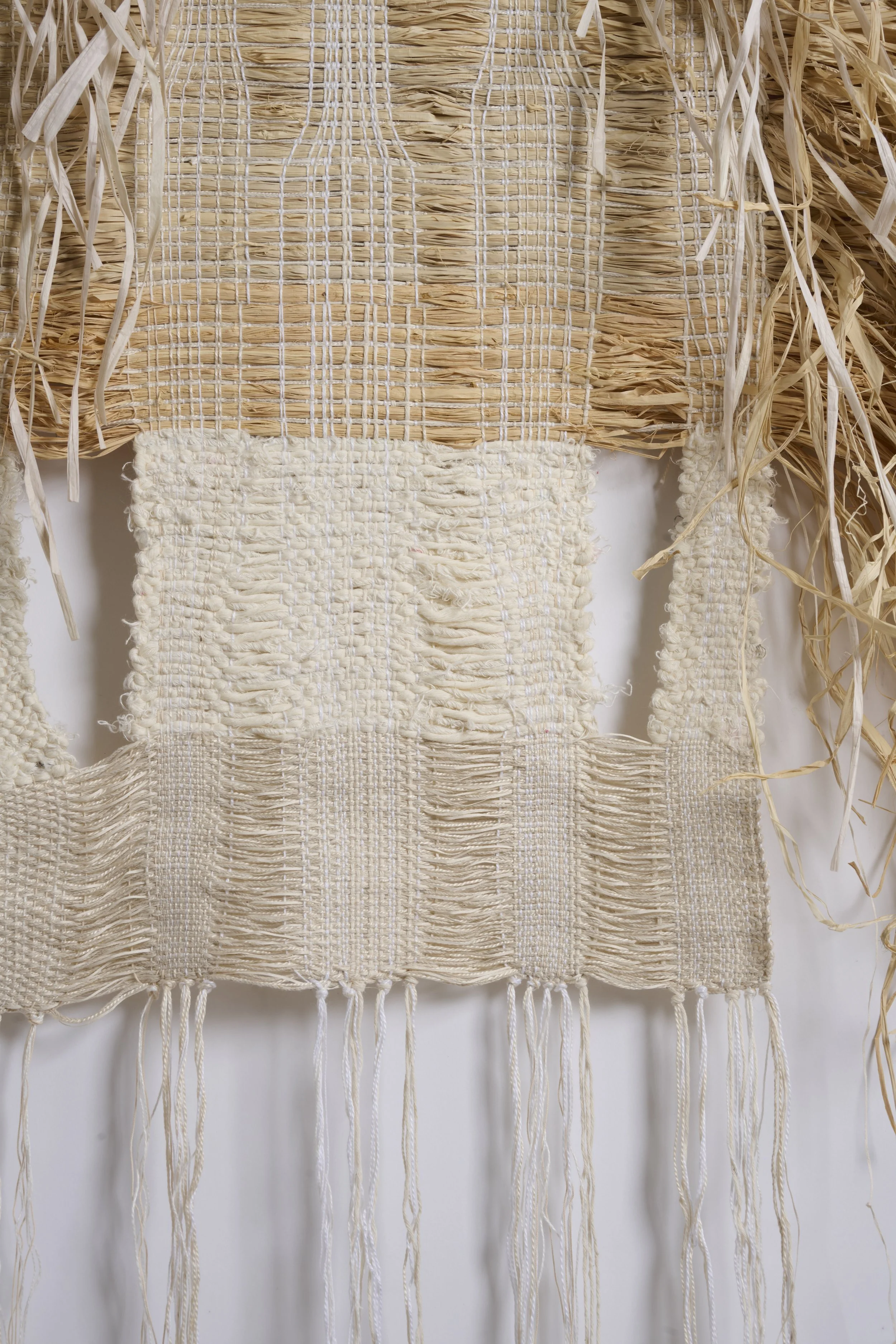 “Shield Cream”, Raffia / Wool, 25x55 inches, 2025.