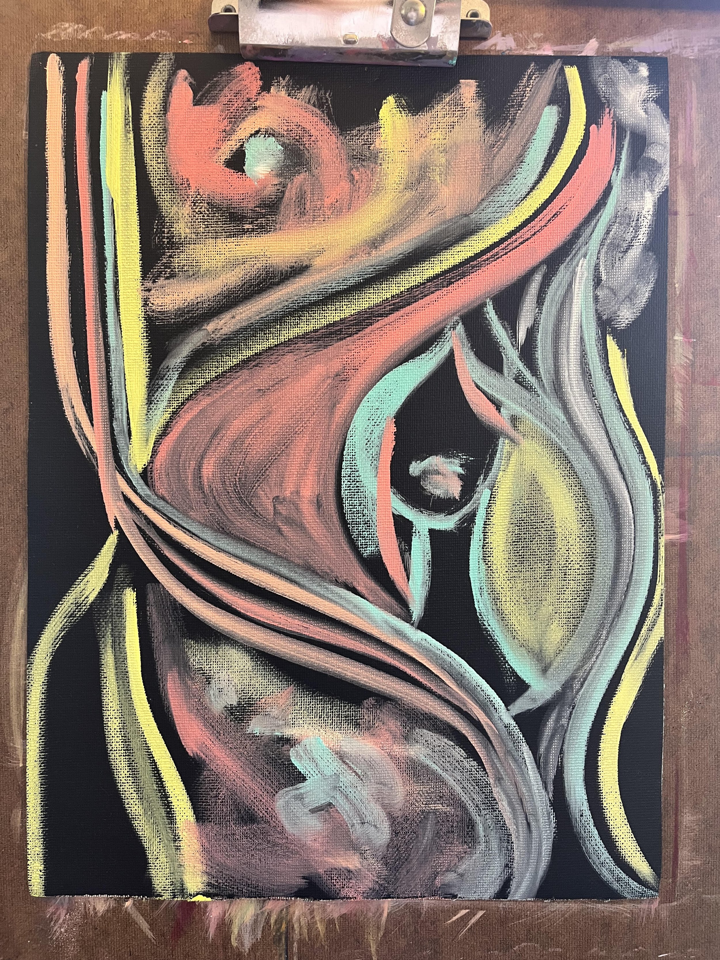 "Outsider 3" 9"x12" oil on black canvas pad - $160