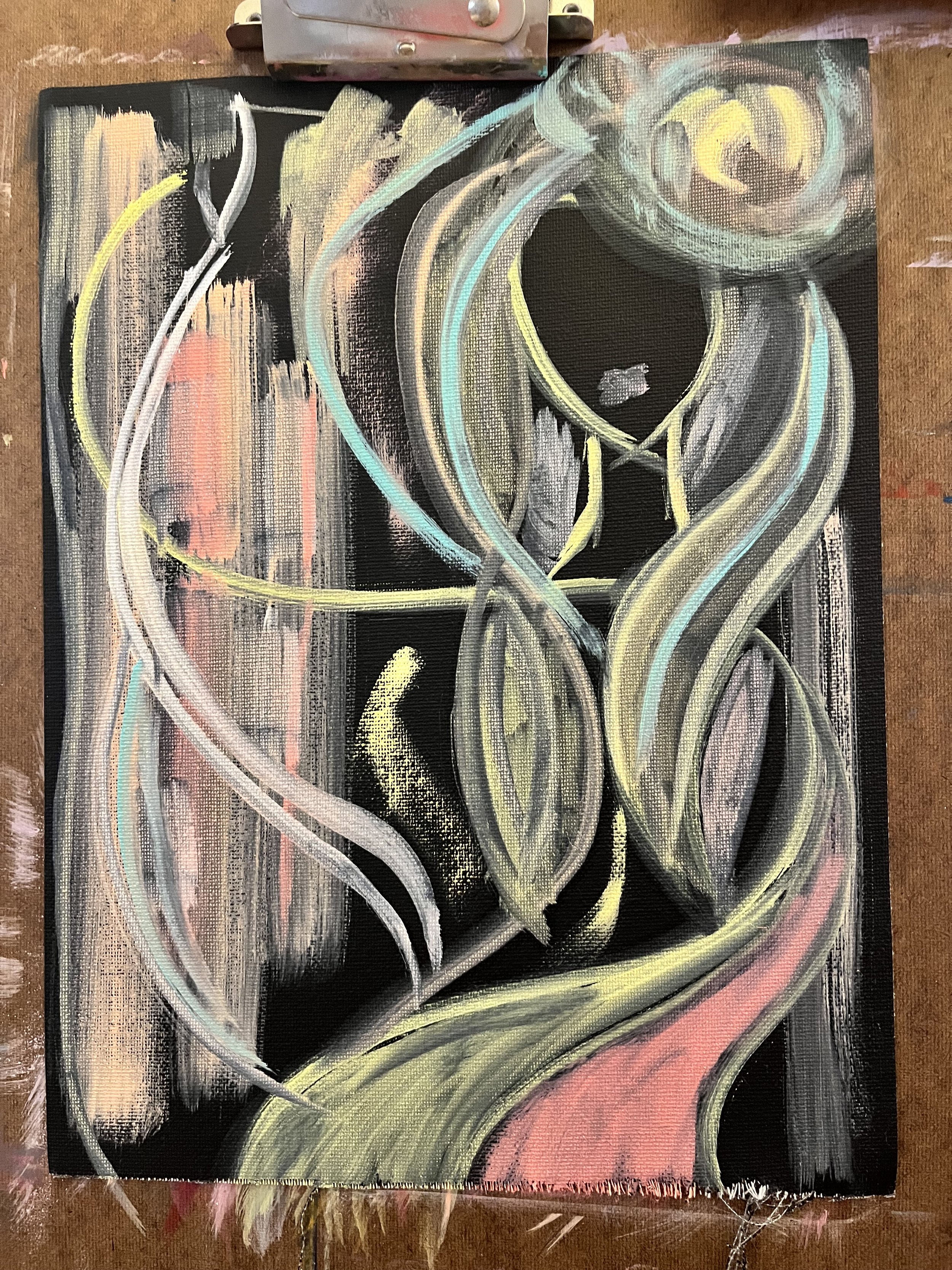 "Outsider 2" 9"x12" oil on black canvas pad - $160