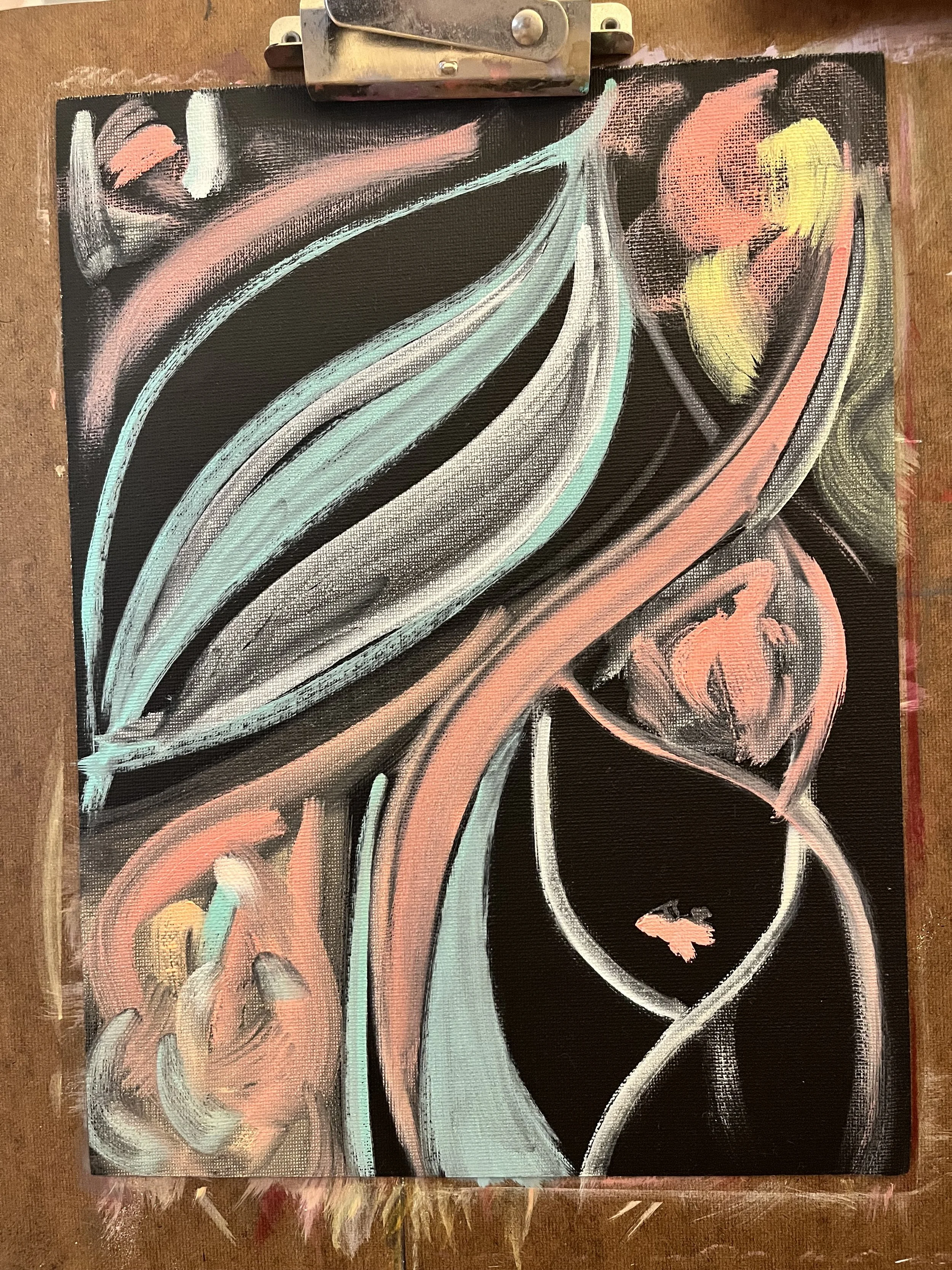 "Outsider 4" 9"x12" oil on black canvas pad - $160