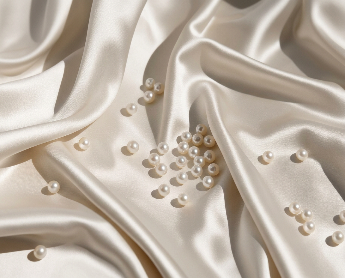 Cream-colored satin fabric with scattered white pearl beads