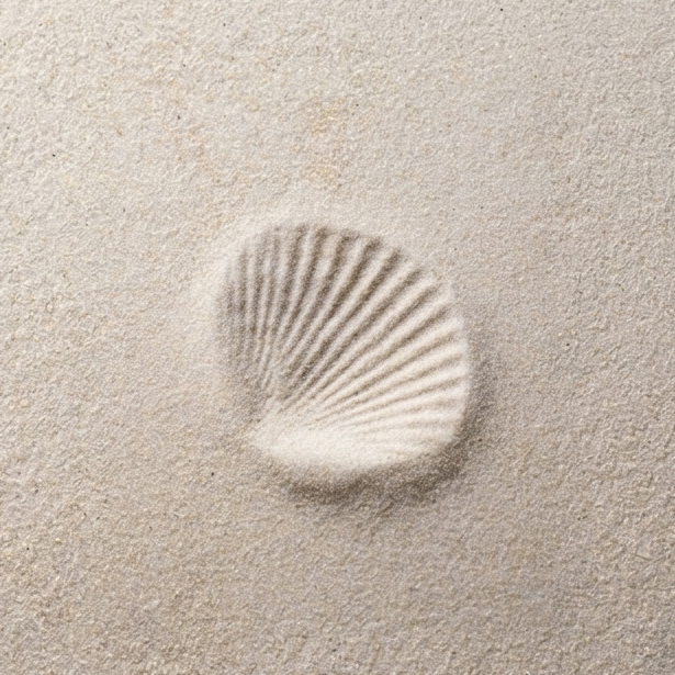 A seashell partially buried in the sand.
