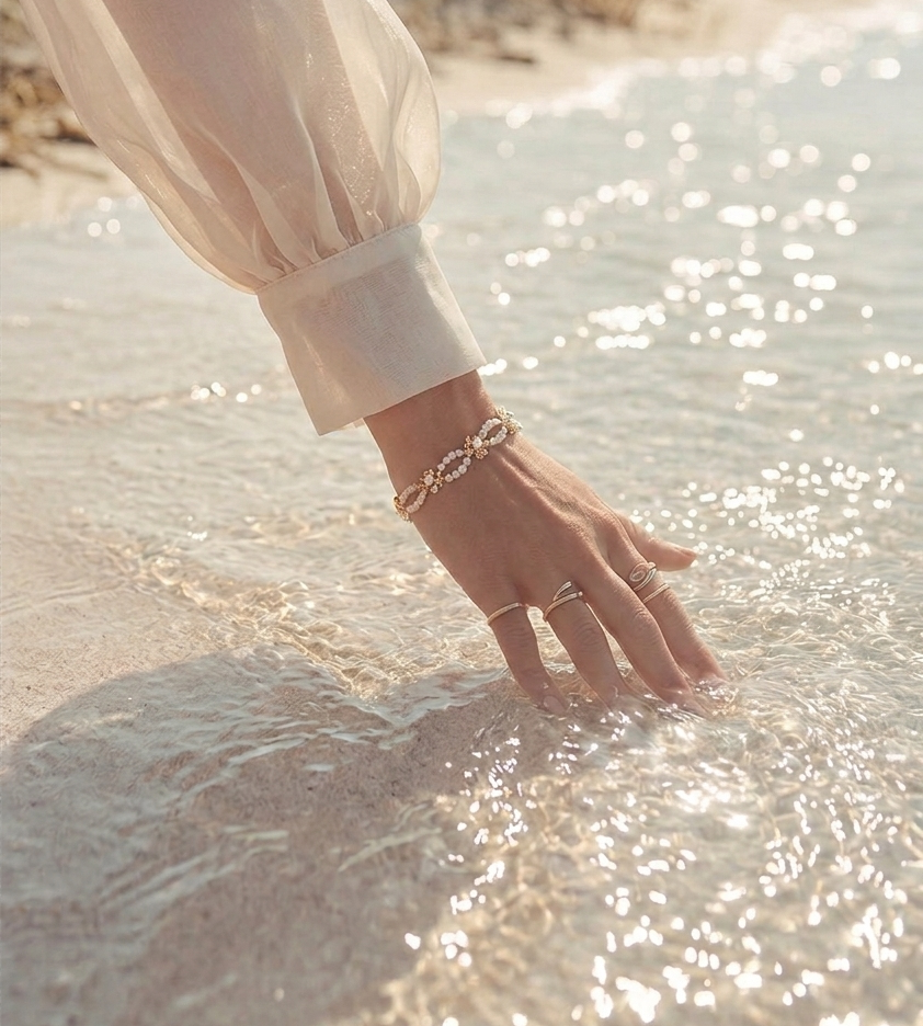 A person's hand with rings and a bracelet touching the clear water of a beach shoreline, with sunlight reflecting on the water.