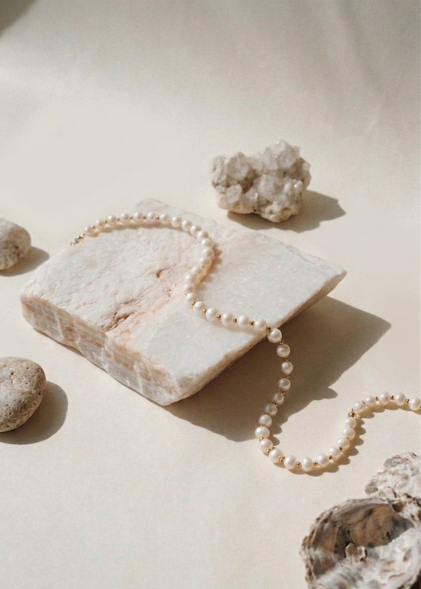 Pearl necklace resting on a white marble slab surrounded by white rocks on a neutral background.