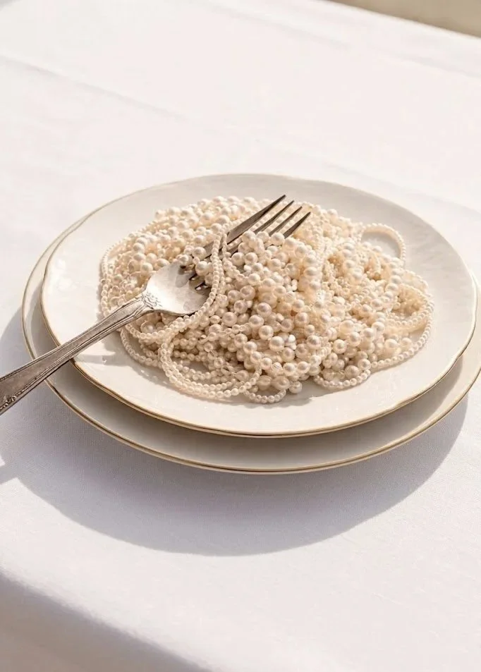 A plate filled with various pearl necklaces and a fork with a spoon resting on top.