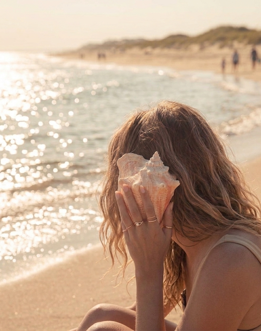 A woman with wavy brown hair sitting on the beach holding a large shell up to her face. The ocean and distant shoreline are visible in the background, with sunlight reflecting on the water.
