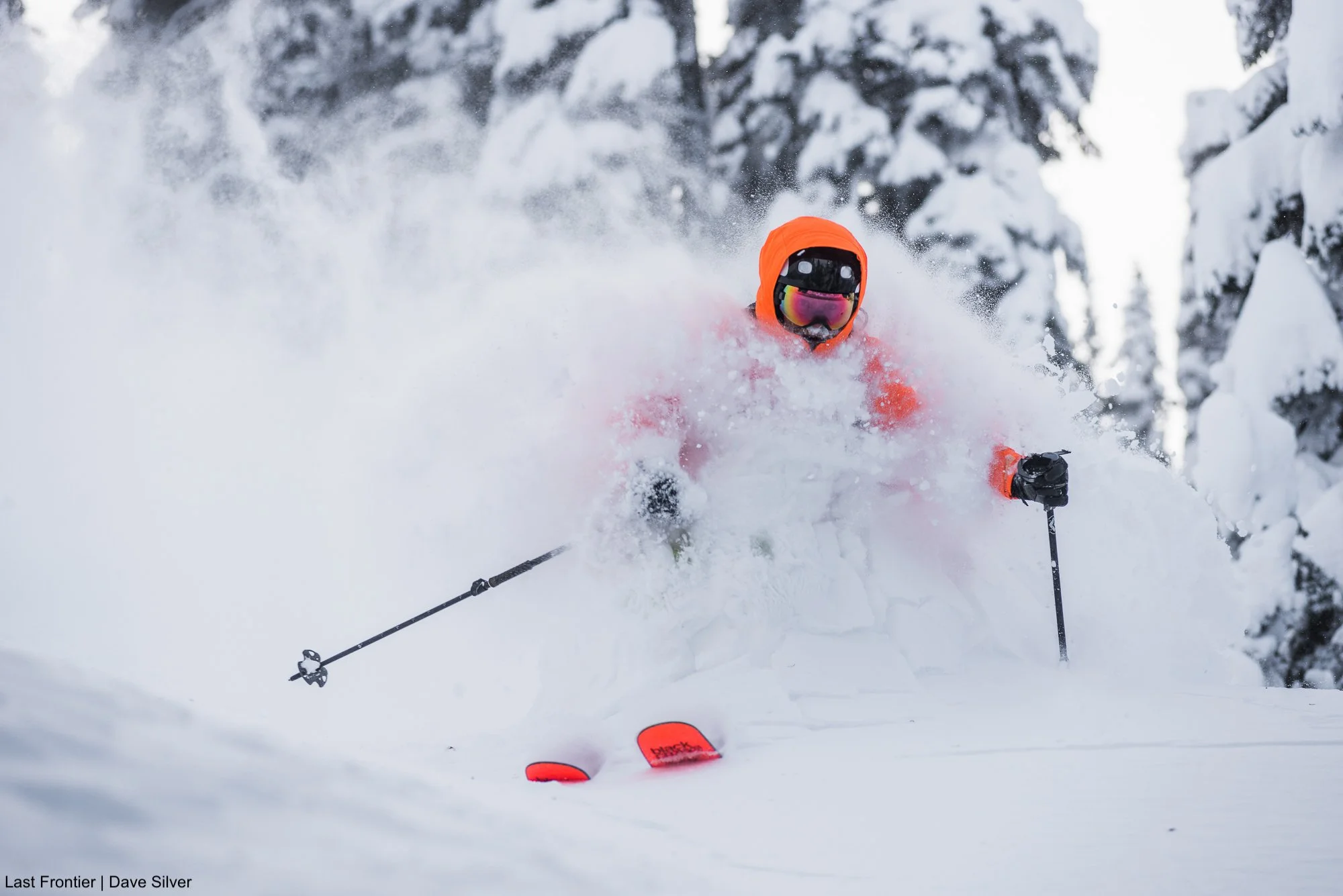 Skier riding deep powder through gladed terrain at Last Frontier Bell 2 Lodge.