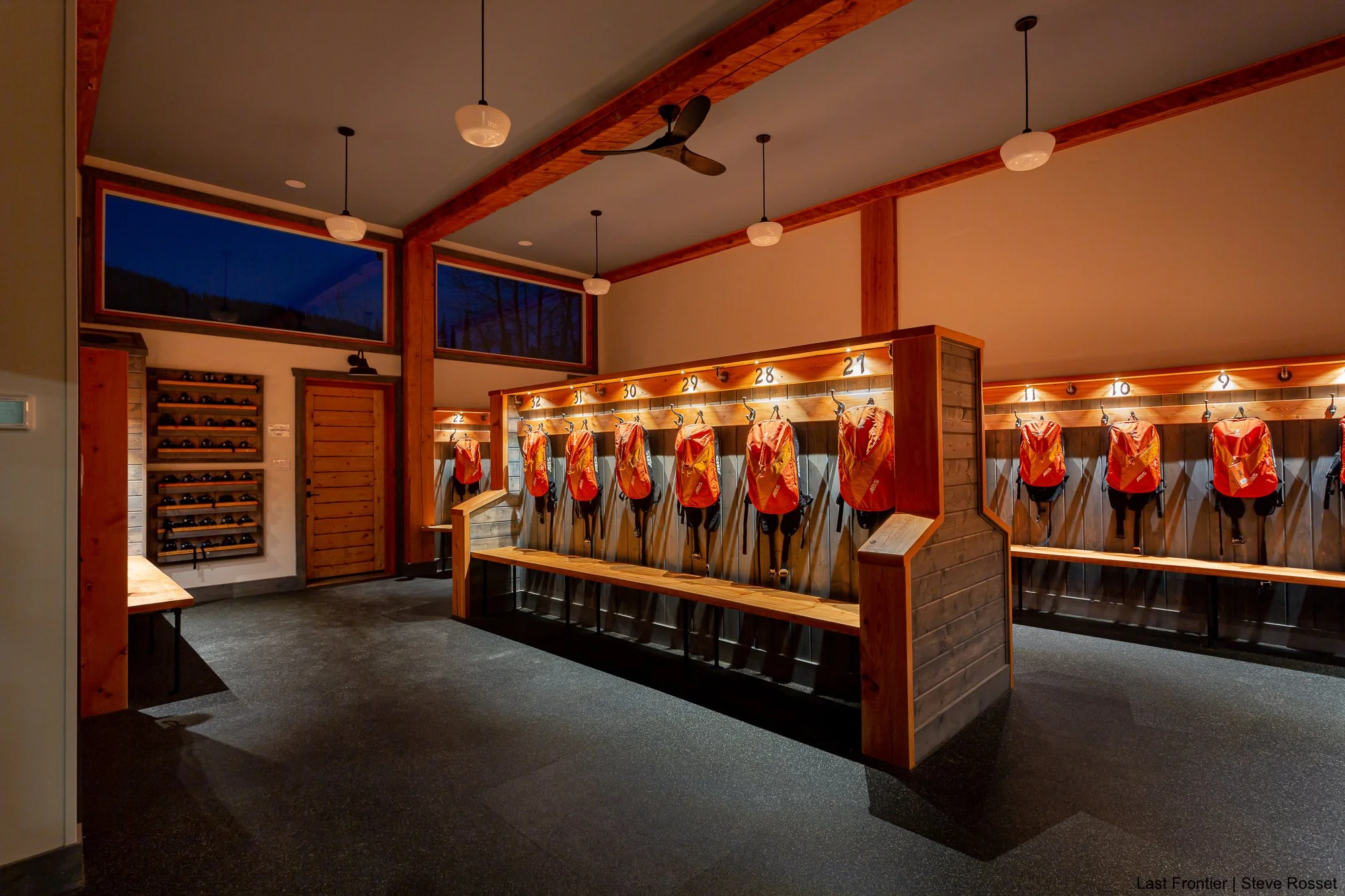 Recently renovated gear room at Bell 2 Lodge, where guests dry and prepare their skis and snowboards for the next day.