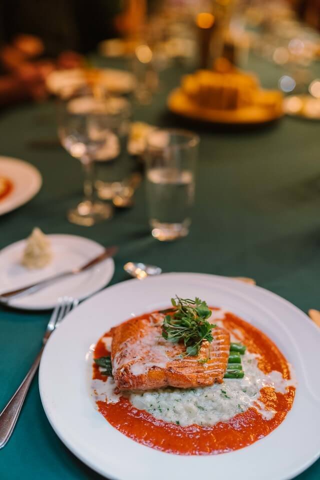 Salmon dinner served at Silvertip's wilderness lodge.