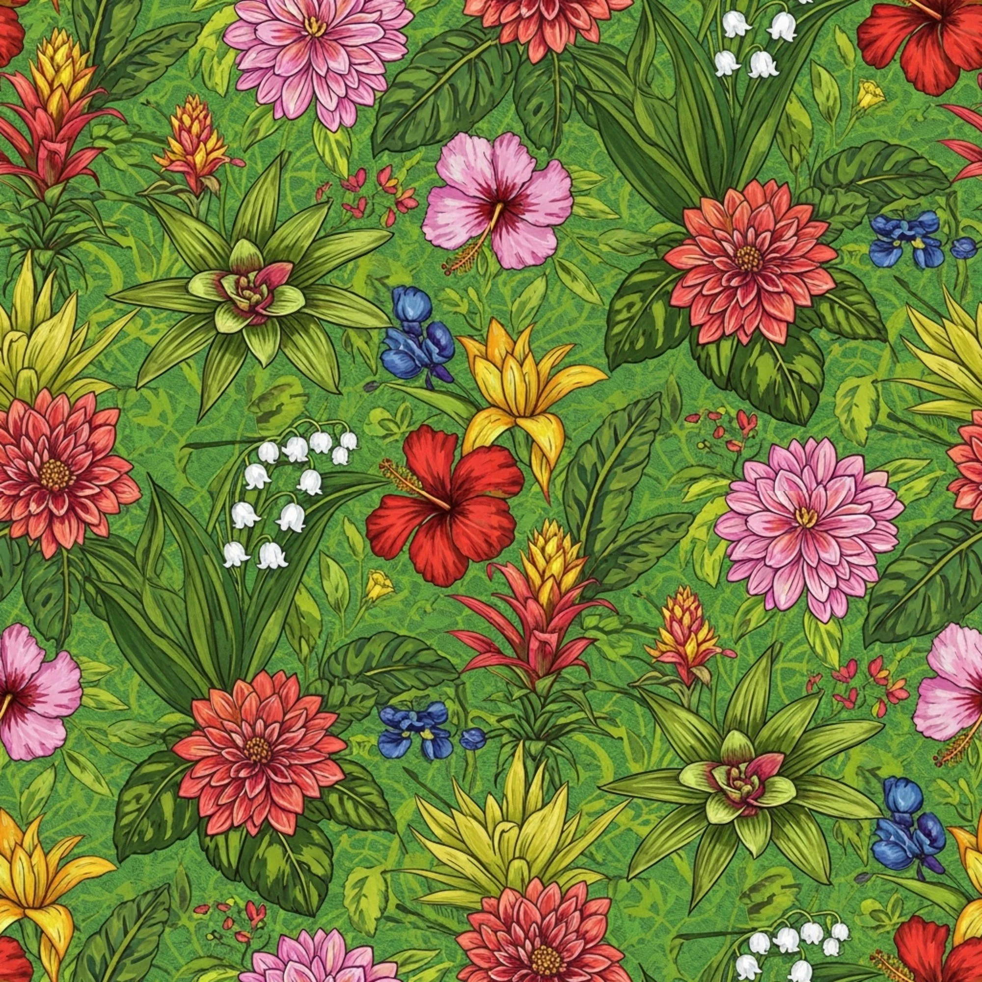 Maximalist, Psychedelic Floral, Tropicalia, High Contrast, Embroidered Texture, Painterly Style, Fairy Tale Illustration, Bromeliad Motifs
