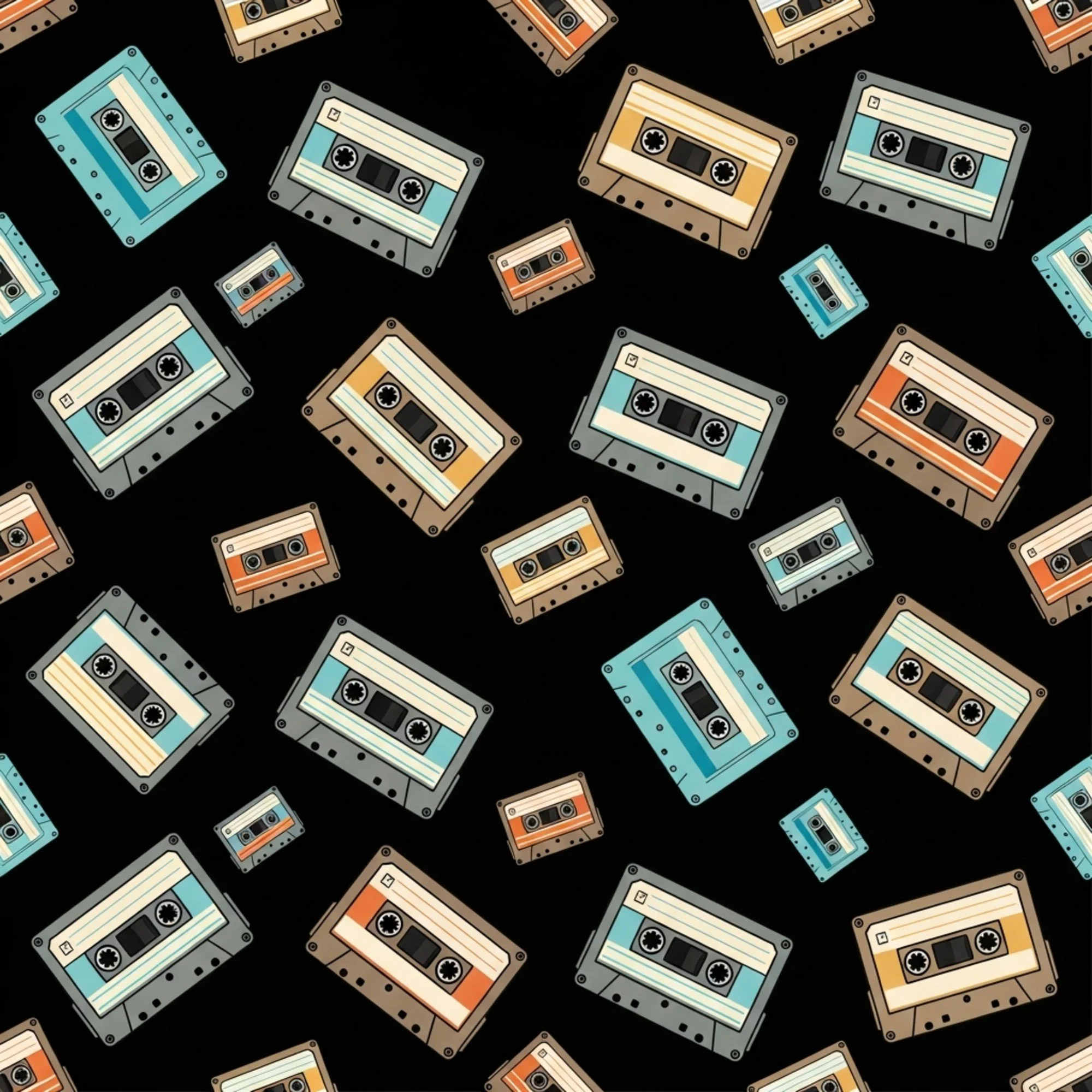 Screen Printing Style, Pop Art, Cassette Tape Pattern, Analog Revival, Knolling Arrangement, Vintage Aesthetic, Retro Futurism