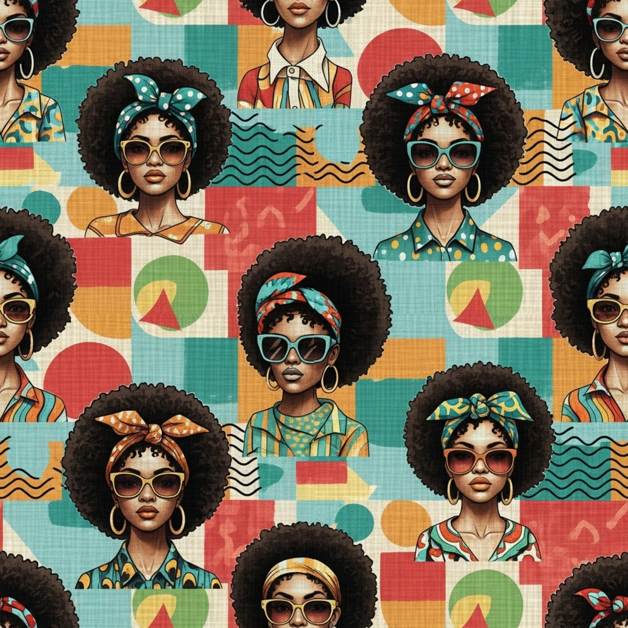 Hyperrealism, Retro Funk, 8K Resolution, Afrocentric Art, Large Scale Motifs, 70s Aesthetic, Statement Fabric, Diva Art