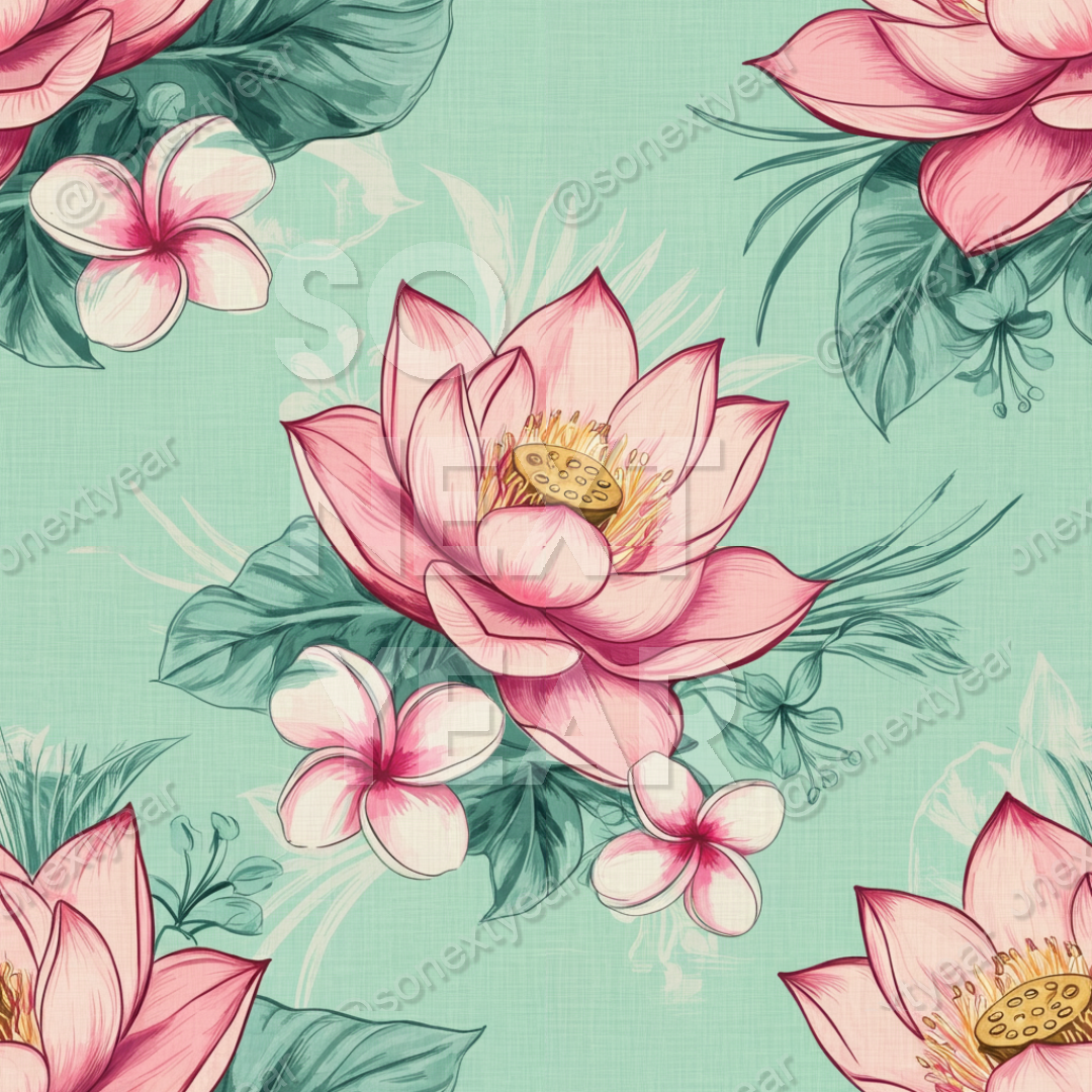 Paul Cezanne style, tropical wallcovering, botanical sketch, pink lotus flower, blush hibiscus, teal plumeria, seafoam green linen, hand-drawn florals, dense jungle blooms, post-impressionist art, vibrant moss background, luxury floral wallpaper