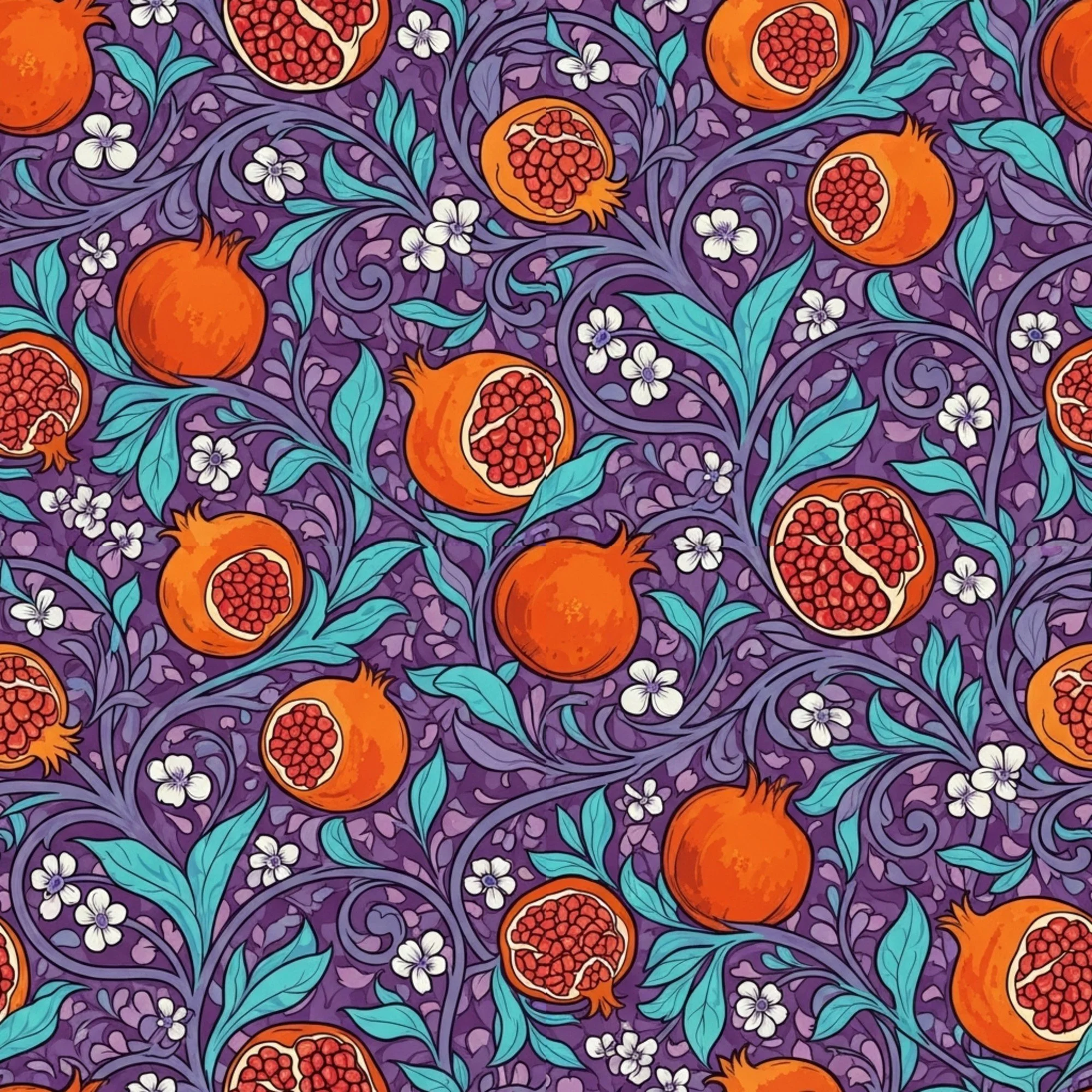 Art Nouveau, Maximalist, Ornate, Botanical Pattern, Intricate Detail, Pomegranate Motif, Swirling Vines, Ogee Layout,