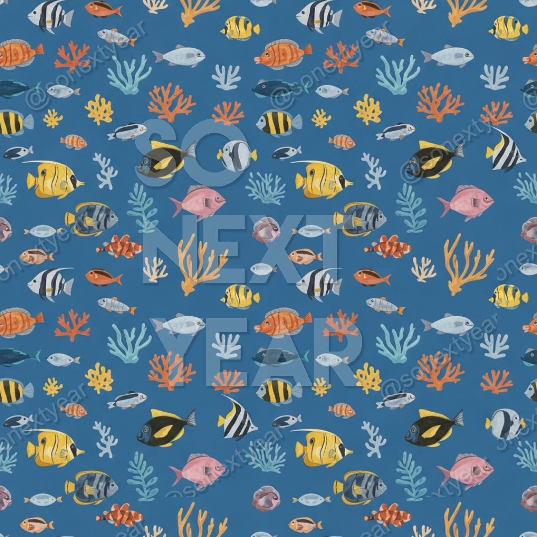 Gouache Illustration, Tropical Fish Motif, Underwater Tableau, High-Detail Vector, Playful Luxury, Artistic Upholstery, Multi-Directional Design