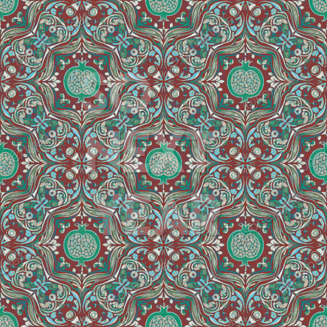 Maximalist, Art Nouveau, Ornate Design, Botanical Print, Pomegranate Motif, Stylized Florals, Quatrefoil Pattern, Turquoise and Pink, Jewel Tone Palette