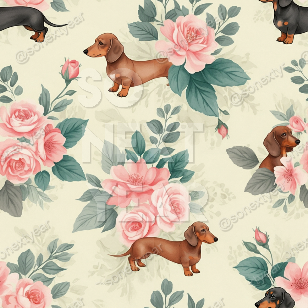 dachshund fabric, luxury canine print, whimsical botanical decor, vintage floral wallpaper, parchment cream textile, dusty rose blossoms