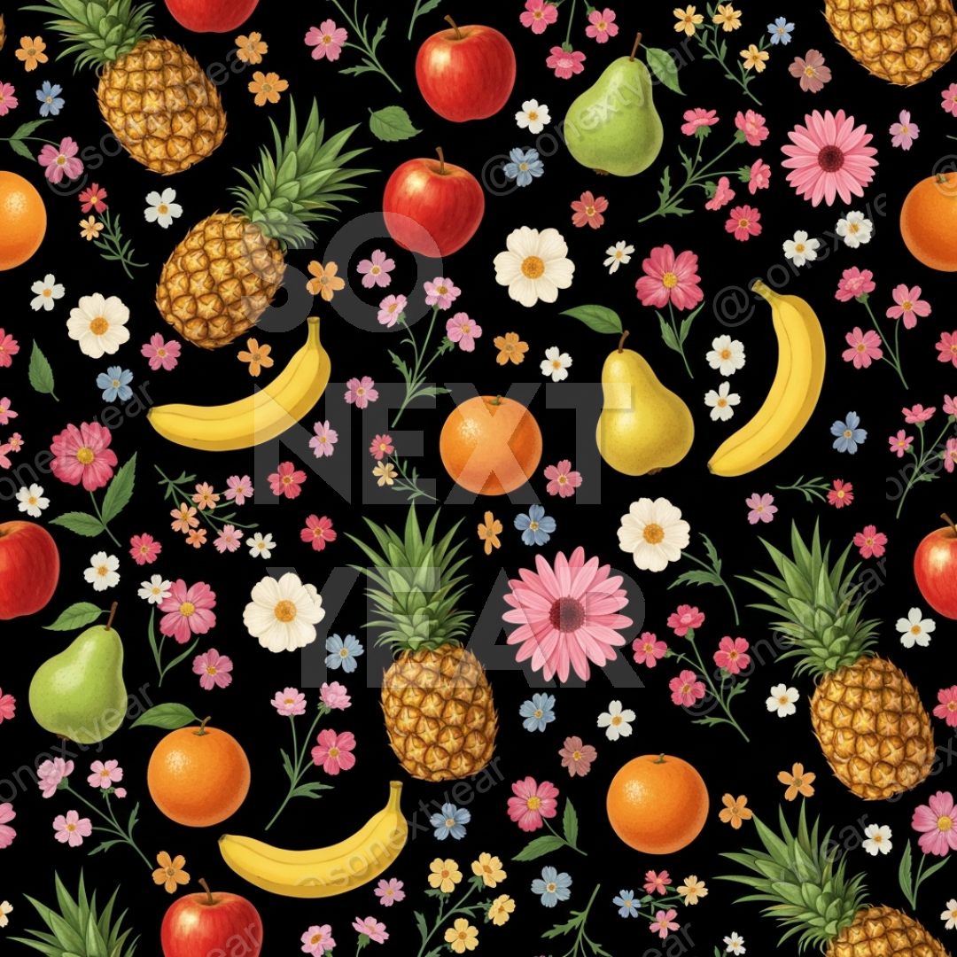 Vector Art, Pop Art, Retro Aesthetic, Graphic Print, 8K Resolution, High Contrast, Isolated Elements, Floating Motifs, Exotic Fruits, Wildflower Pattern, Maximalist Color, Psychedelic Chic, Amethyst Shadow, Fuchsia Flare, Electric Cobalt