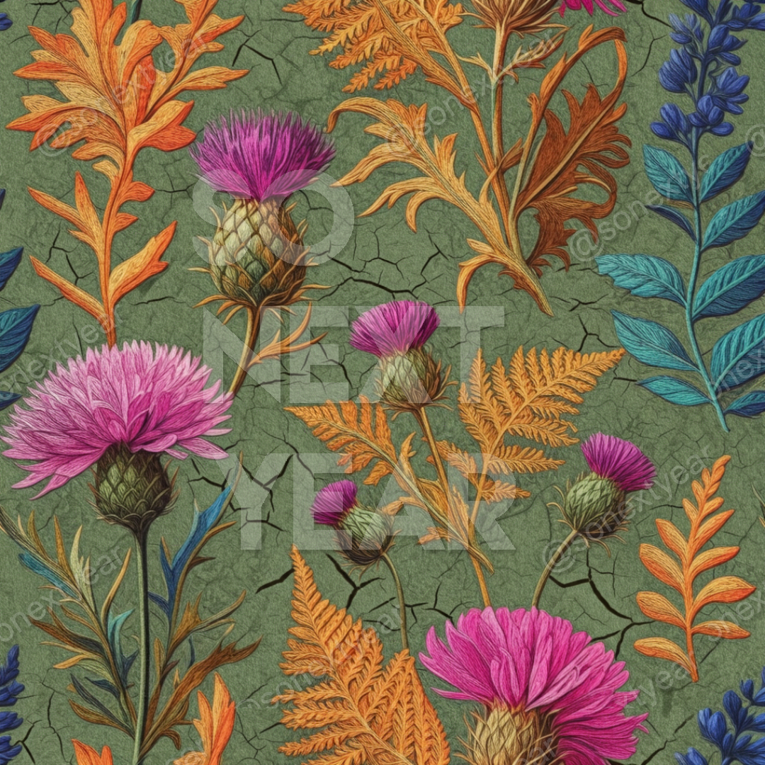 botanical velvet wallpaper, embroidered floral wallcovering, surreal nature decor, vintage wildflower design, deep moss green, imperial mustard yellow, antique parchment cream, eclectic interior styling, luxury tactile walls, rustic botanical art