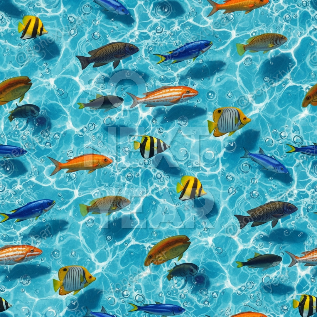 Hyper-realistic wallpaper, 8K aquatic detail, Vibrant fish pattern, Serene underwater motif, Stylized marine life, Graceful aquatic design, Linen wall covering, Sun-dappled water reflections, Oceanic wall decor, 