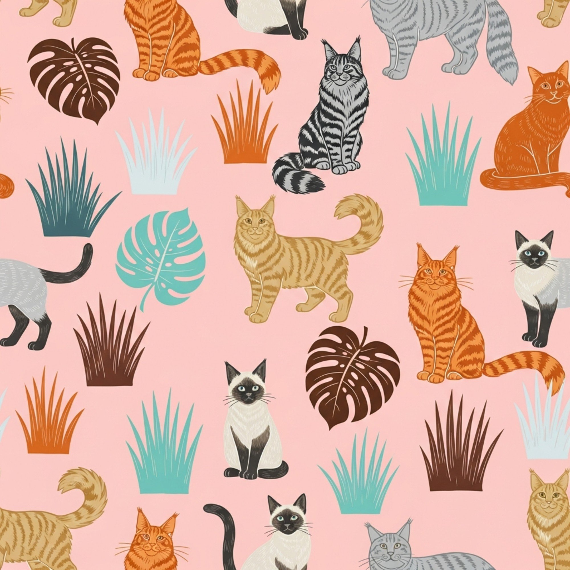 Lino Cut, Block Print Style, Hawaiian Vibe, Aloha Chic, Tropical Foliage, Maine Coon Motif, Siamese Cat Art, Feline Pattern, Resort Luxury