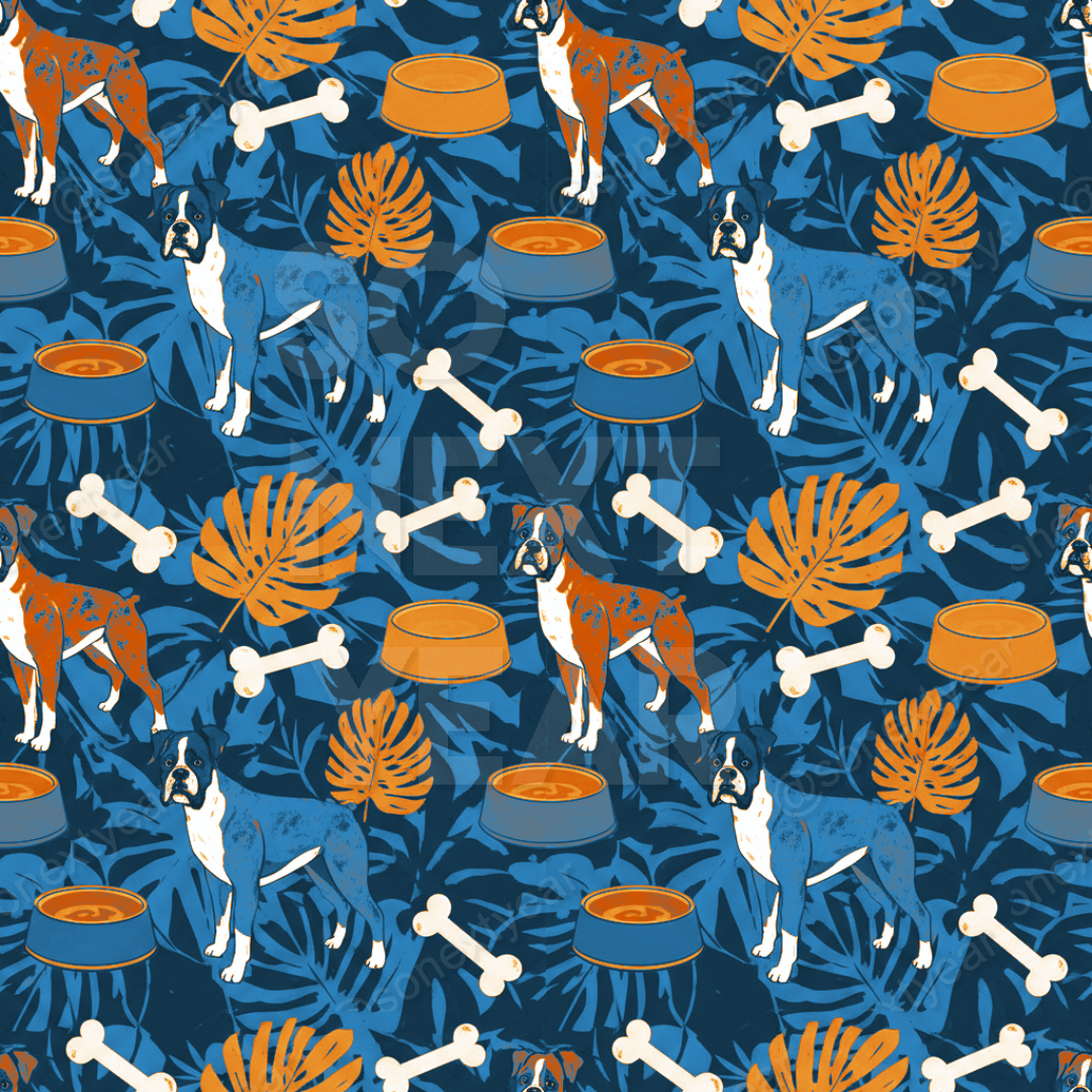 Woodblock Print, Boxer Dog Motif, Tropical Foliage, Vintage Grunge, Maximalist Pattern, Graphic Illustration, Moody Design, Knolling Composition, Aged Patina, Luxury Decor, Cerulean Grotto, Imperial Amber, Tobacco Leaf, Canine Print, Detailed Texture