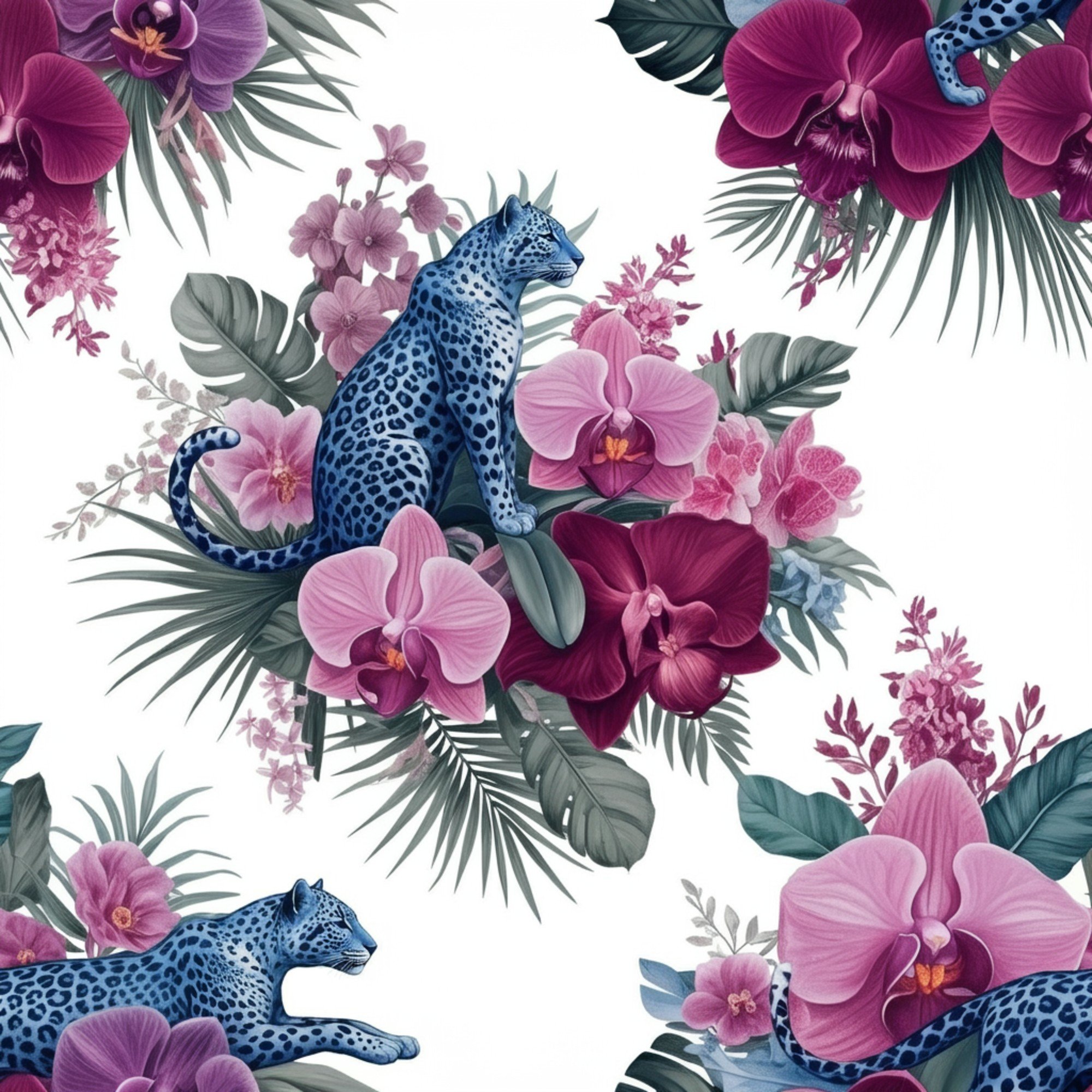 Maximalist, Hyper Detailed, Illustrative Design, Tropical Pattern, Exotic Flora, Blue Leopard Print,