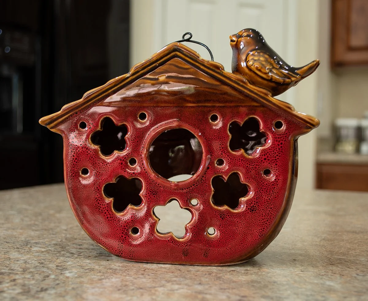 Ceramic Hanging Candle Holder Bird House (Like-new) - red glaze - bird on top - 6