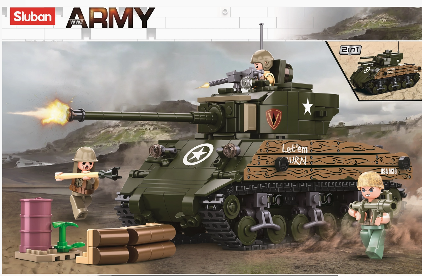 SLUBAN WW2 Pacific Sherman M4A3 Tank - 715 Pieces - M38-B1110
