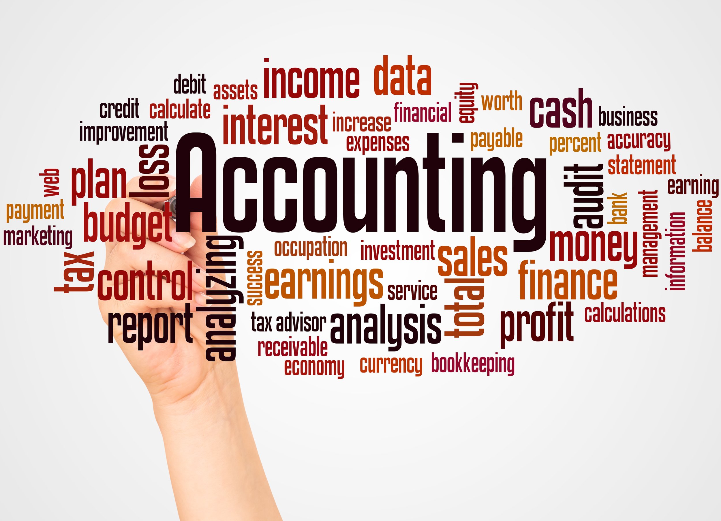 A hand holding a digital pen pointing at a word cloud featuring terms related to accounting and finance, with the prominent word 'Accounting' in the center.