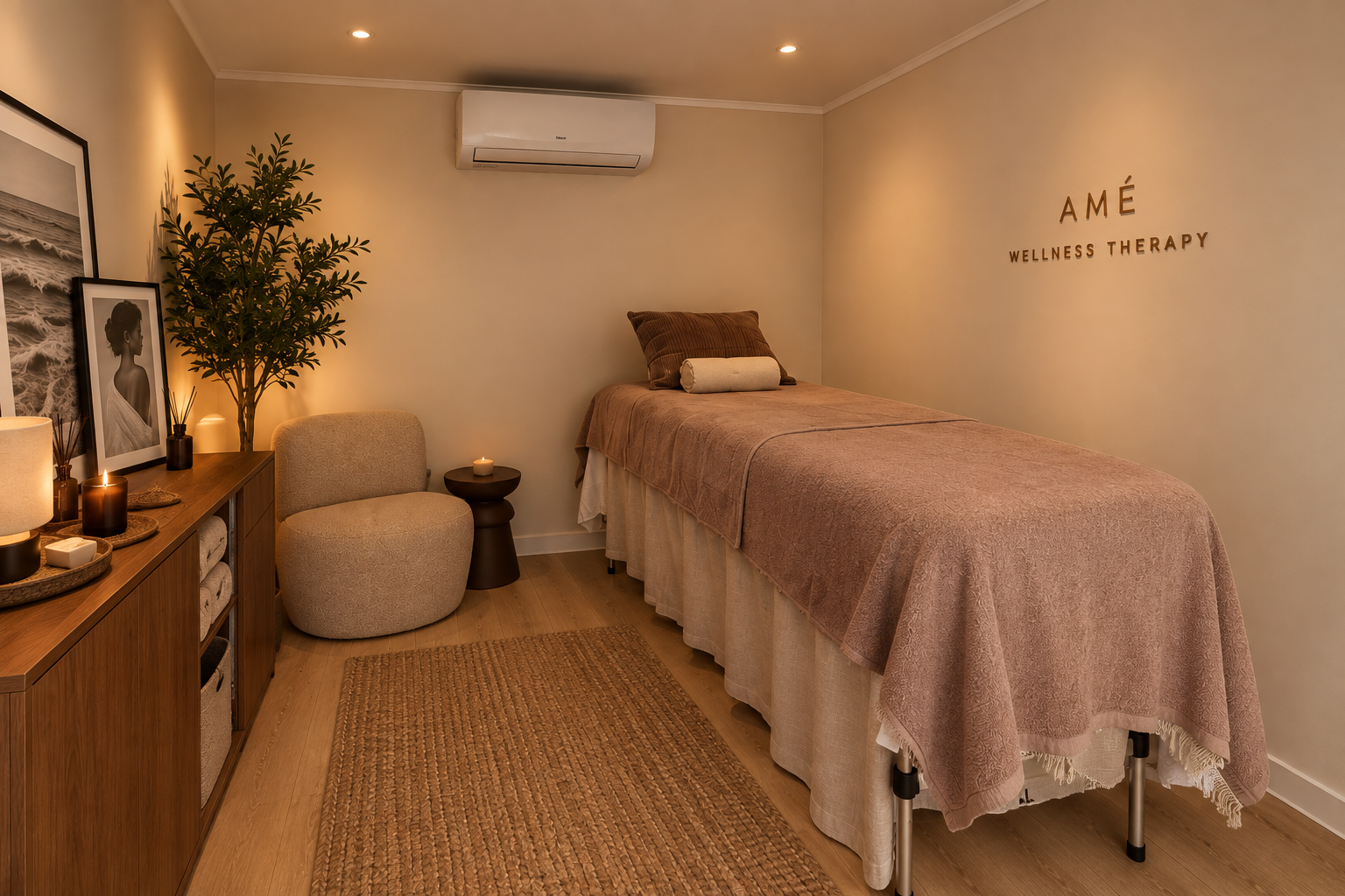 Une salle de soins de relaxation avec un lit de massage recouvert d'une couverture rose, une table basse avec des bougies allumées, un fauteuil beige, une plante verte, une œuvre d'art en noir et blanc, et un mur avec le logo 'AMÉ WELLNESS THERAPY'.
