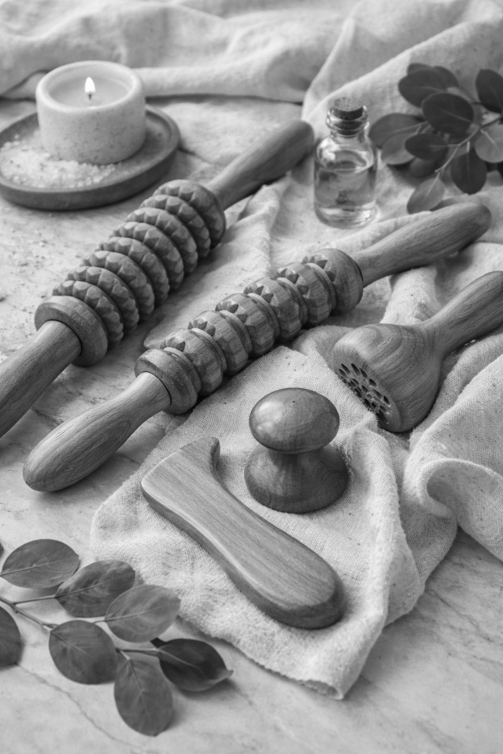 Photo en noir et blanc d'outils en bois, d'une bougie allumée, d'une petite bouteille d'eau, et de feuilles, disposés sur un tissu. Idéal pour une ambiance de spa ou de soin détente.