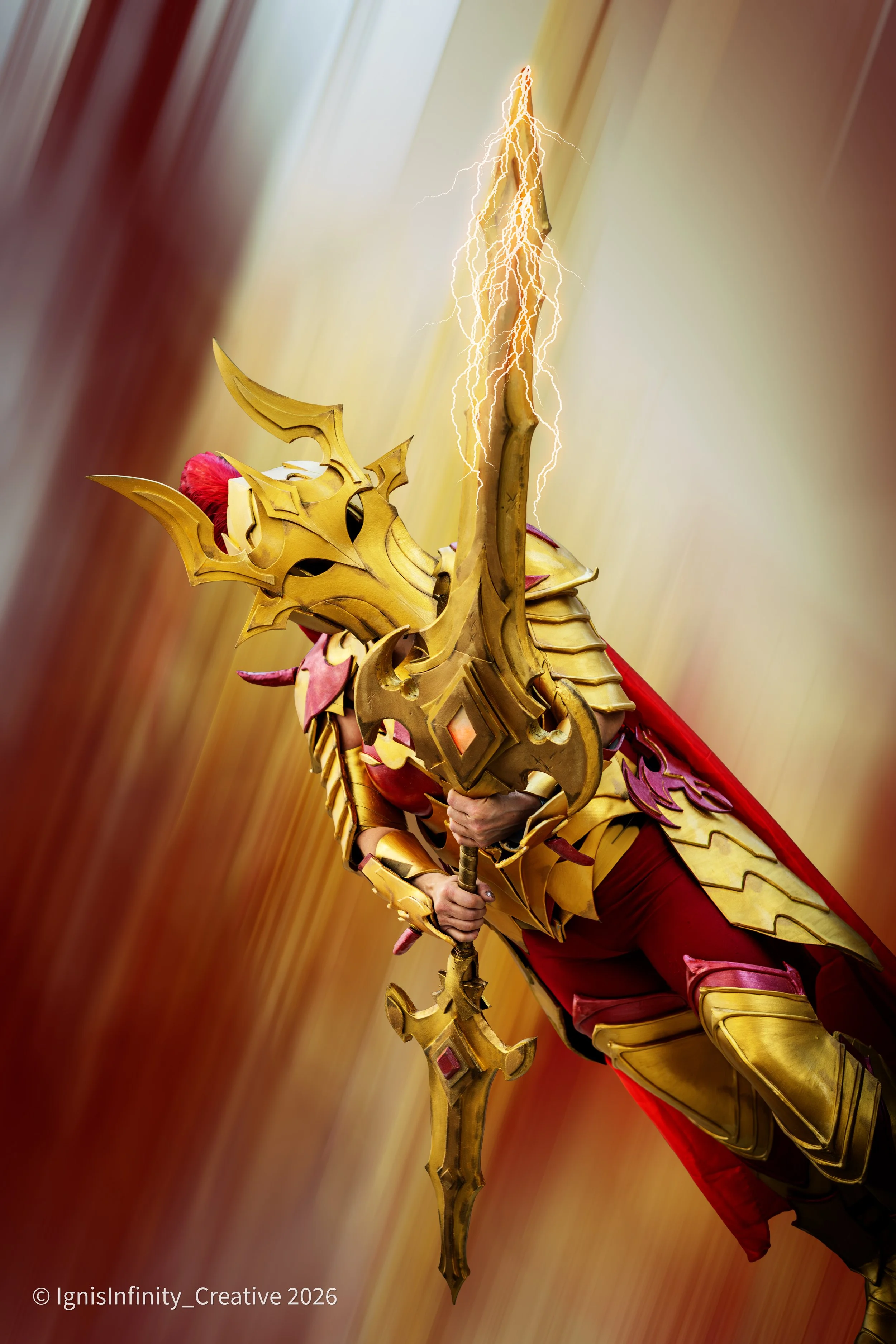 Esil Radiru (Solo Leveling) unleashing demonic fury – red armor, lightning clash, full motion-blur power at convention.
Photographer: IgnisInfinity Creative | Cosplayer: @Ingkiewinx_cosplay