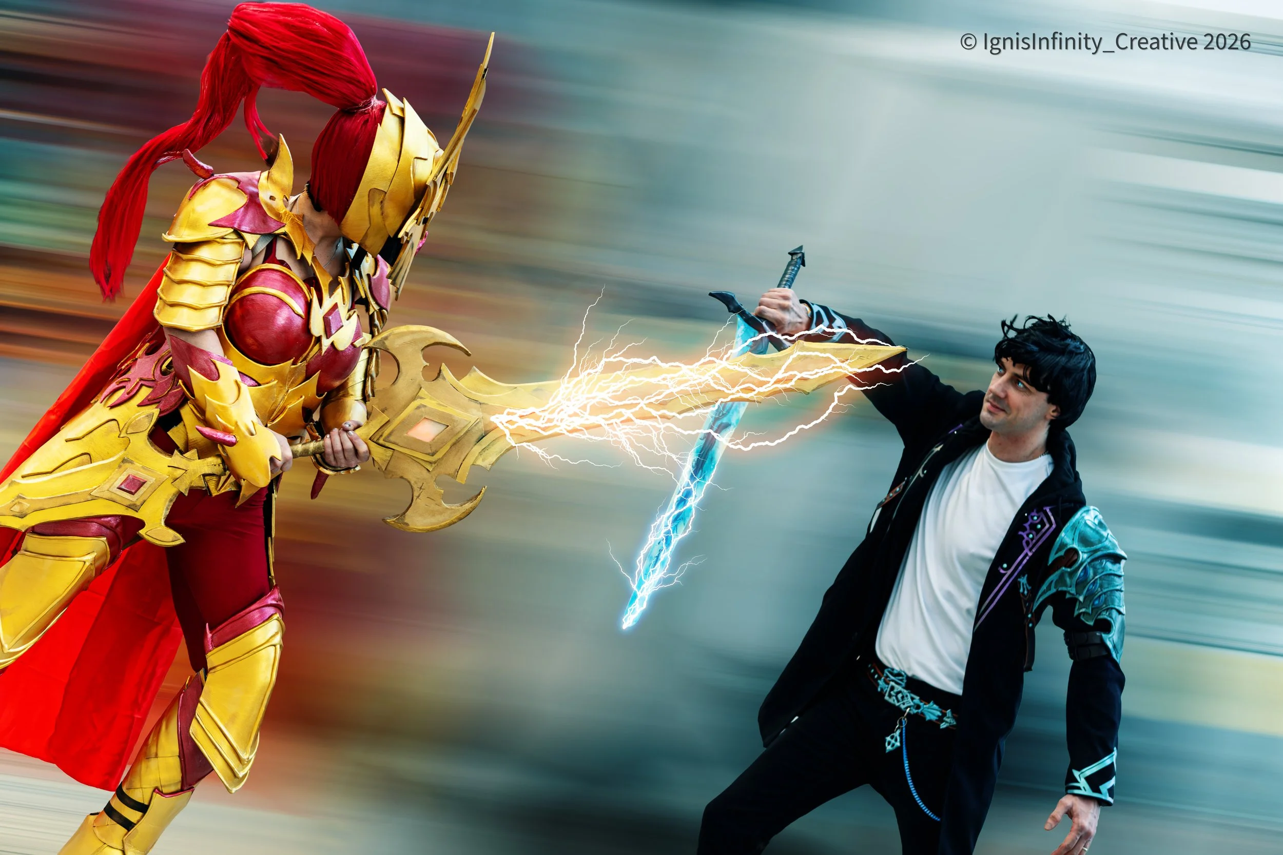 Esil Radiru vs Sung Jin-Woo (Solo Leveling) – explosive lightning blade clash at convention.
Photographer: IgnisInfinity Creative | cosplayers: @Ingkiewinx_Cosplay as Esil @Igris_sololevelling as Sung Jin-Woo