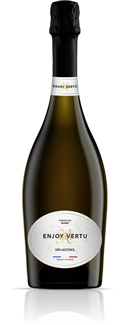 A bottle of sparkling blanc wine labeled 'Enjoy Virtu' with 0.0% alcohol content.