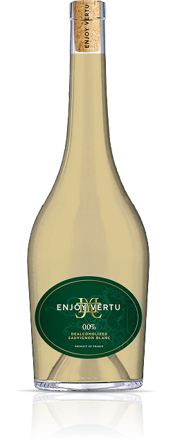 A bottle of Enjoy Vertu alcohol-free Sauvignon Blanc wine.
