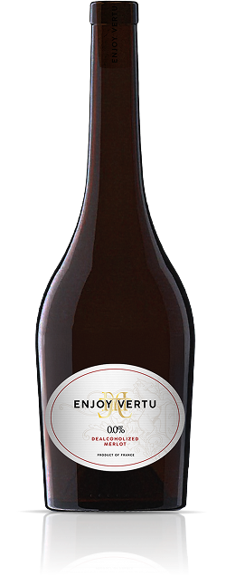 A bottle of non-alcoholic Merlot wine with a white label and black cap.