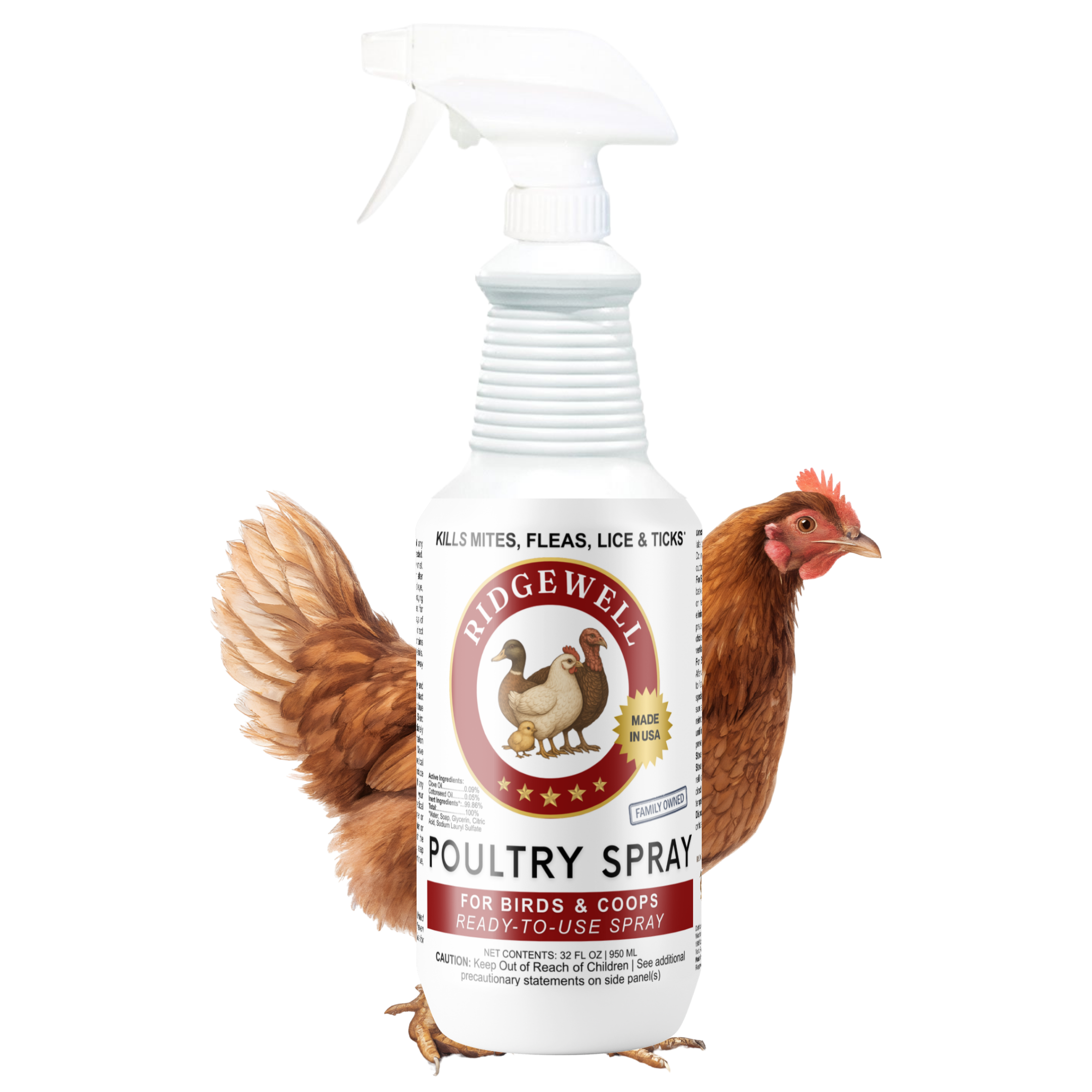 Bottle of Ridgewell Poultry Spray kills mites, fleas, lice, and ticks. For birds and coops - ready to use spray.