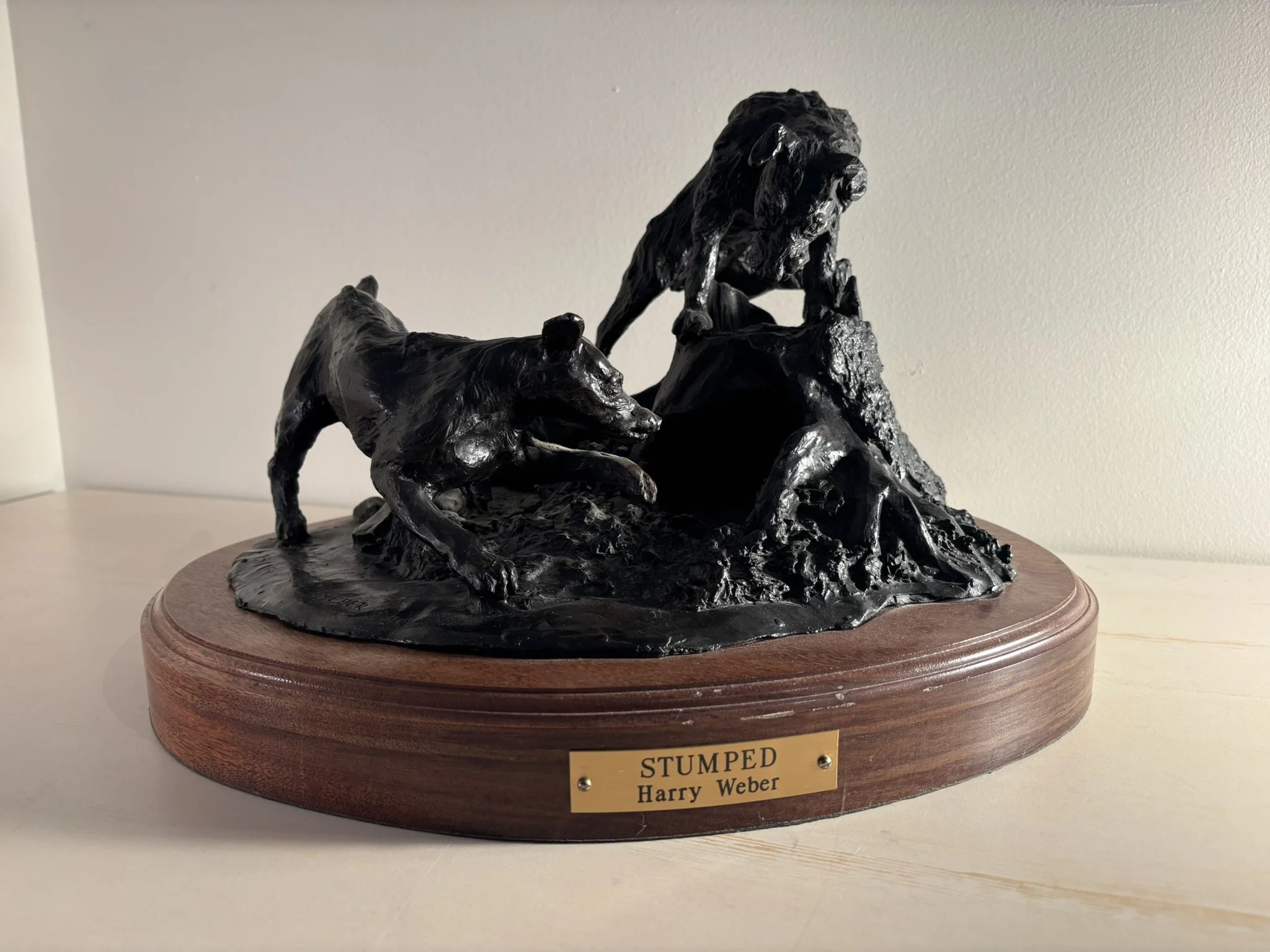  Stumped, Bronze, 10 x 15 x 11 inches 
 This sculpture of two Jack Russell Terriers won the national art competition at the Westminster Dog Show in 1990.  