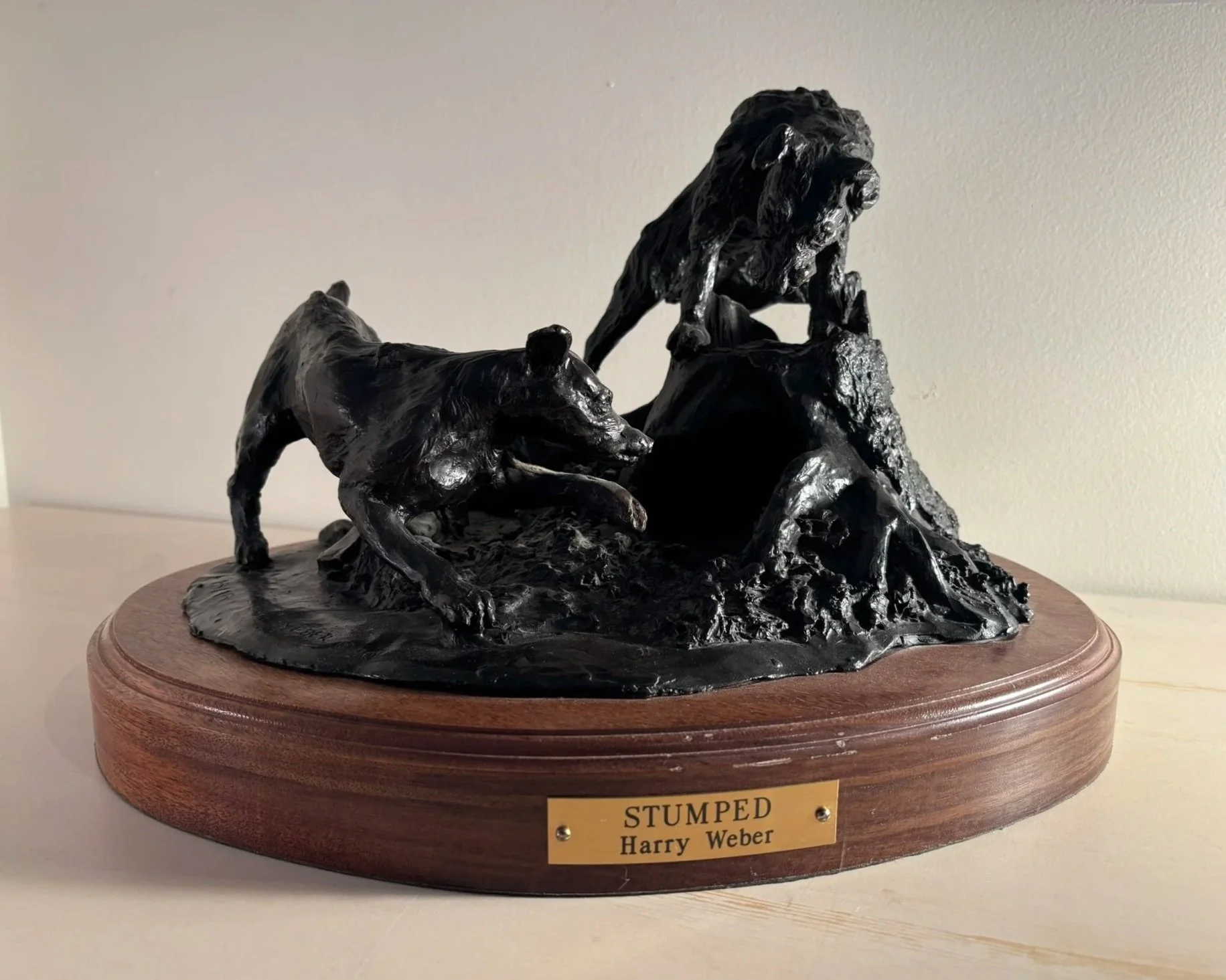  Stumped, Bronze, 10 x 15 x 11 inches 
 This sculpture of two Jack Russell Terriers won the national art competition at the Westminster Dog Show in 1990.  