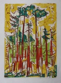  Sunny Day, In the Redwoods 
Woodblock print